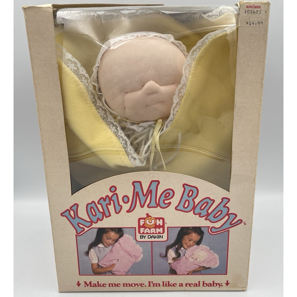Vtg. 1983 Dakin Kari-Me Baby Doll Puppet Original Box Yellow Fun Farm Plush Toy